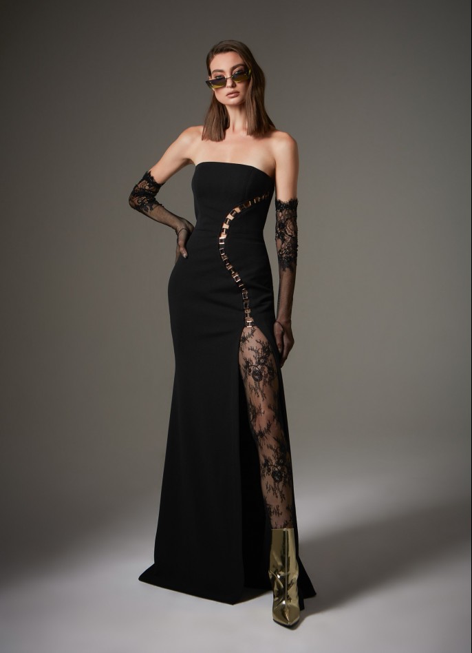 BLACK CREPE-BLEND CUT-OUT STRAPLESS GOWN